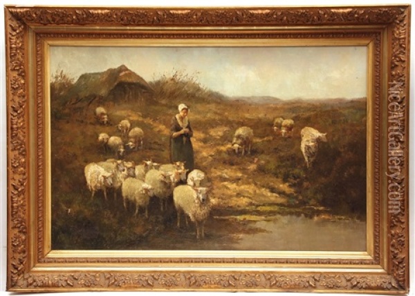 Shepherdess With Sheep By A Stream Oil Painting - Frans Van Leemputten