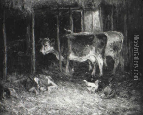 Barn Interior With Cows And Chickens Oil Painting - Charles Franklin Pierce