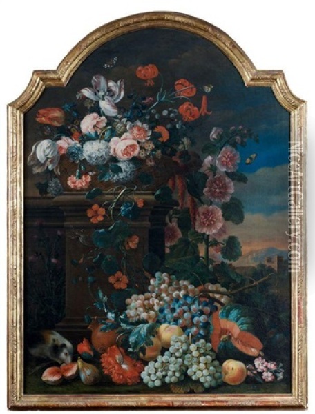 Nature Morte De Fleurs Et De Fruits Dans Un Paysage Oil Painting - Coenraet (Conrad) Roepel