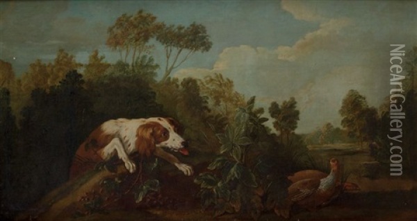 Chien En Arret Devant Deux Perdrix Oil Painting - Jean-Baptiste Oudry