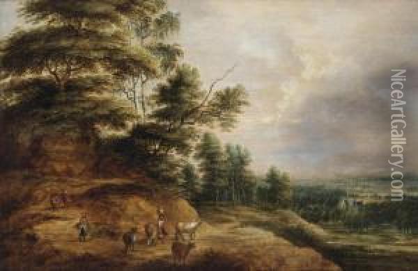 A Hilly Landscape With Peasant Women And Cattle On A Path Oil Painting - Lucas Van Uden