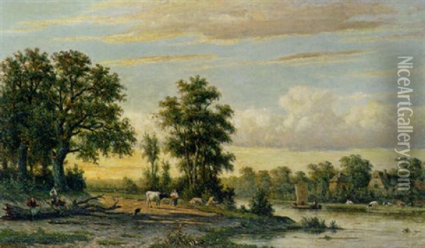 A River Landscape Oil Painting - Johannes Jacobus (Jan) Heppener