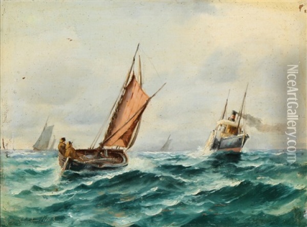 A Sailing Boat And A Paddle Steamer In Windy Weather Oil Painting - Carl Ludvig Thilson Locher