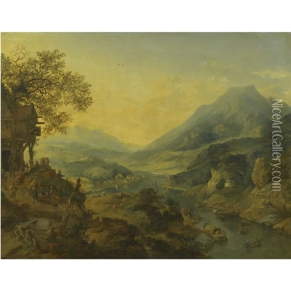 A Rhenish River Landscape With Peasants At A Hillside Inn, Shepherds And Haymakers Below, Mountains Beyond Oil Painting - Jan Griffier the Elder
