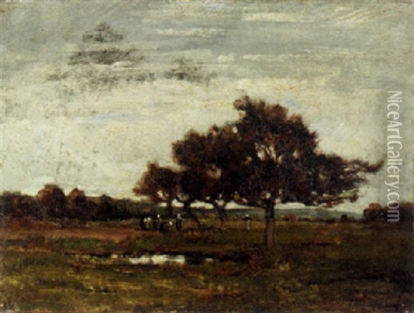 Harvesters In A Landscape Oil Painting - Georges Bonnemaison