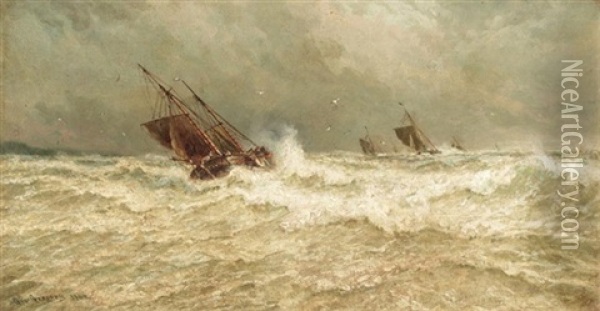 Stormy Seas At Dusk (+ Sailing At Dawn; Pair) Oil Painting - George Gregory