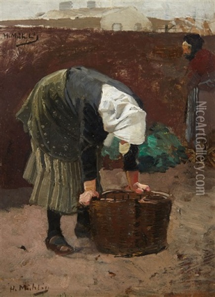 A Peasant Woman With A Basket Oil Painting - Hugo Muehlig