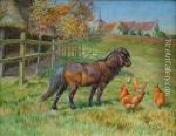 Pony And Chickenin A Paddock Oil Painting - Edmund Caldwell