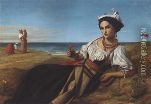 A Girl Collecting Poppies, Reclining In A Coastal Landscape Oil Painting - John Rogers Herbert