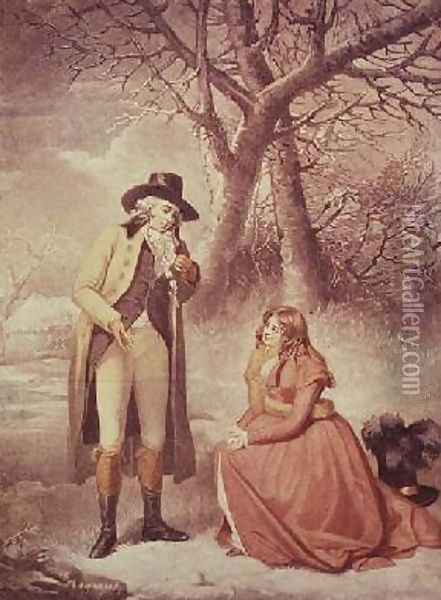 Gentleman and woman in a wintry scene Oil Painting - George Morland