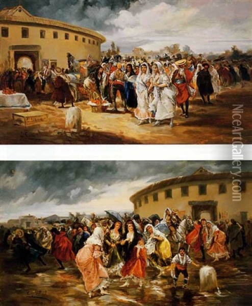 Entrada En Los Toros Con Sol (+ Salida De Los Toros Con Tormenta; Pair) Oil Painting - Eugenio Lucas Villamil