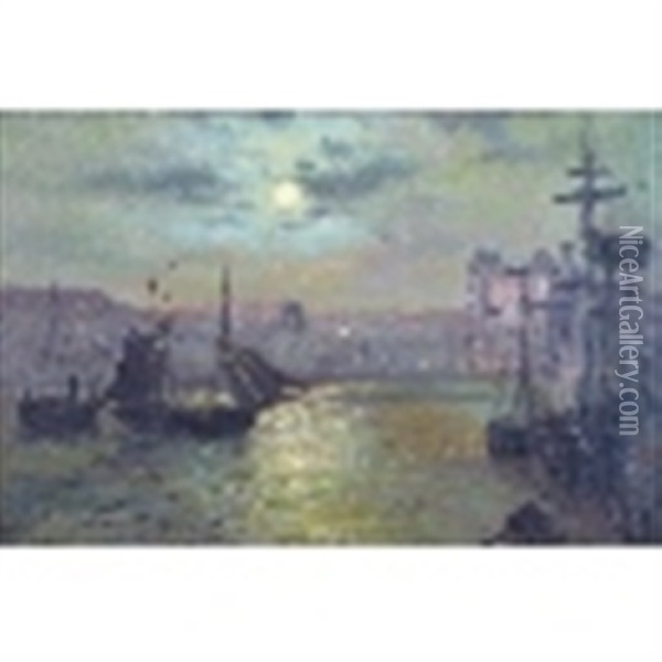 Scarborough Harbour By Moonlight With Various Vessels Oil Painting - Walter Linsley Meegan