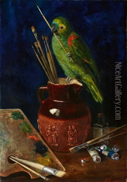 Still Life With Painting Utensils And An Amazon Parrot Oil Painting - Arthur Wardle