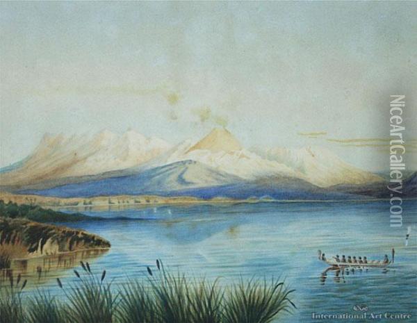 Lake Taupo With Central Plateau Volcanic Mountains Beyond Oil Painting - Ernest Arthur Chapman