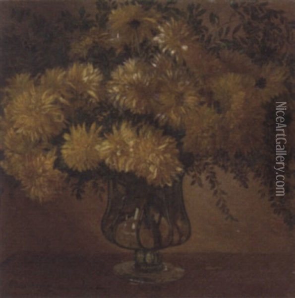 Still Life Of Chrysanthemums In A Glass Vase Oil Painting - Edoardo Gioja