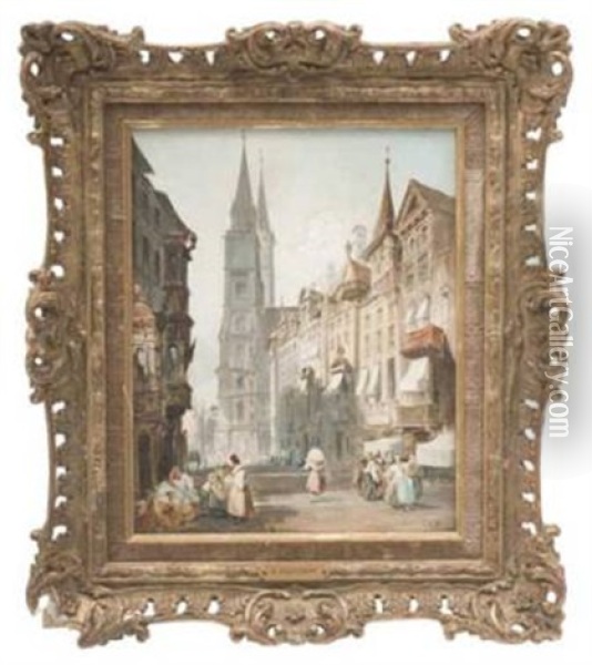 Mercaderes Y Vista De Catedral Oil Painting - Edward Pritchett