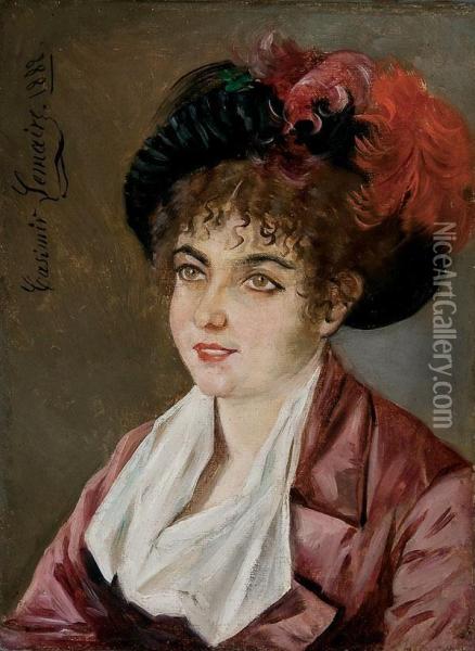 Woman With Feathered Hat Oil Painting - Casimir Lemaire