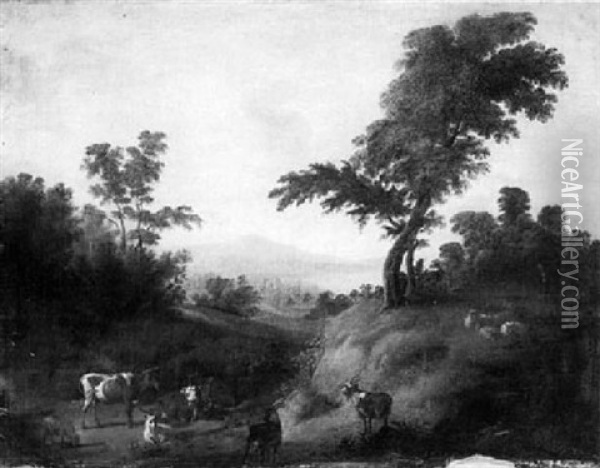 A Pastoral Scene With Cattle, Goats And Sheep In A Meadow   Overlooking A Valley Oil Painting - Adriaen Van Diest