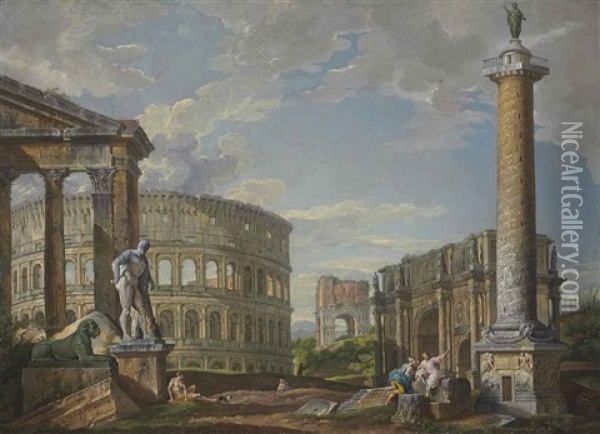 A Capriccio Of Classical Ruins With The Pronaos Of The Porticus Octaviae, The Colosseum, The Arch Of Drusus, The Arch Of Constantine... Oil Painting - Giovanni Paolo Panini