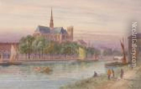 Busy River Scene Near A Cathedral At Sunset Oil Painting - Frank E. Jamieson