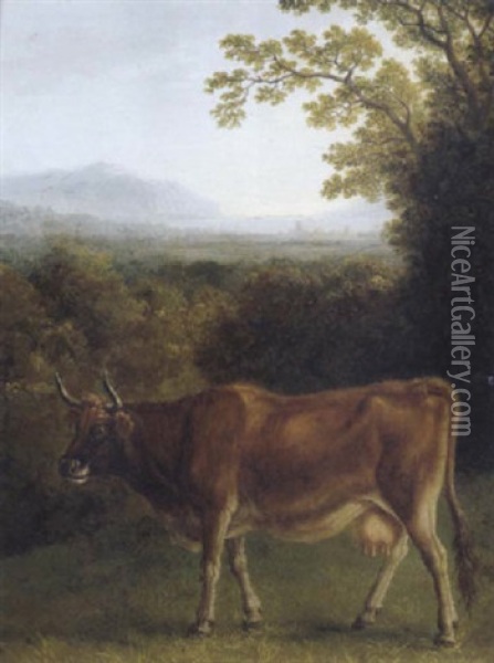 Portrat Einer Kuh In Einer Stimmungsvollen Schonen Athmospharischen, Sudlichen Landschaft Oil Painting - Jacob Philipp Hackert