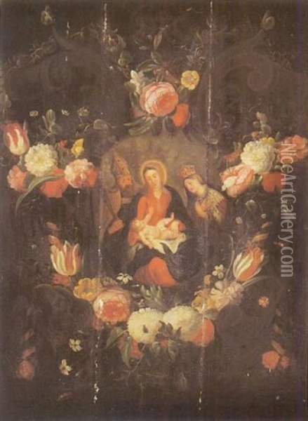 Vierge A L'enfant Entre Saint Gregoire Et Sainte Catherine Dans Une Guirlande De Fleurs Oil Painting - Jan van Kessel the Younger