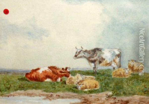 Cattle And Sheep In Landscape Oil Painting - William Sidney Goodwin