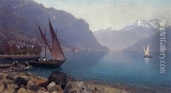 Gardasee (blick Nach Norden Im Hintergrund Das Gebirgsmassiv Des Monte Stivo?) Oil Painting - Marie von Keudell