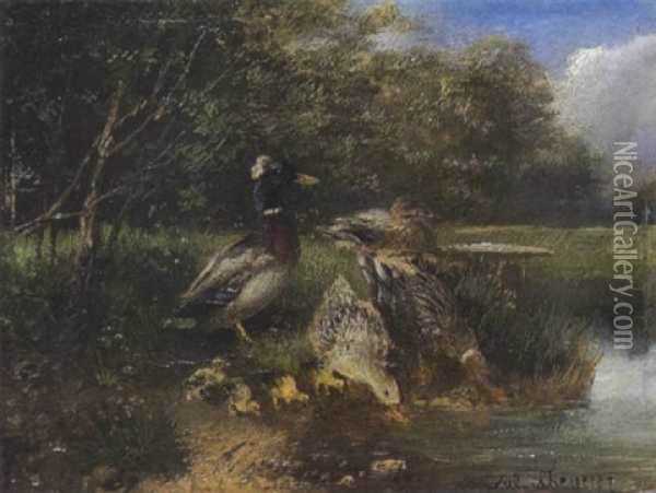 Erpel, Enten Und Kuken Oil Painting - Julius Scheuerer