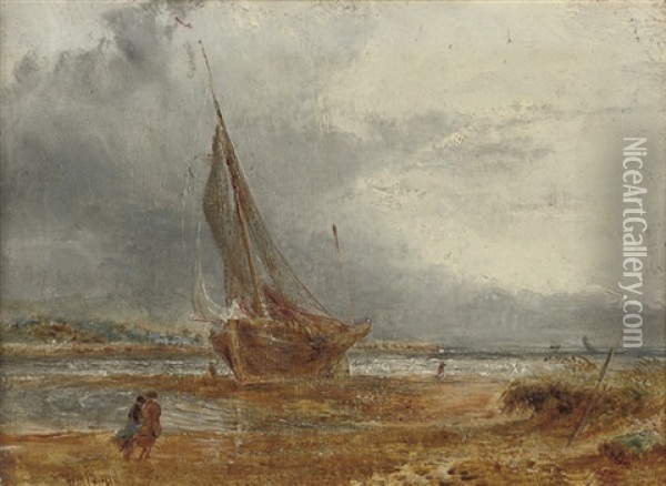 A Beached Fishing Vessel In An Onshore Breeze Oil Painting - William Joseph J. C. Bond