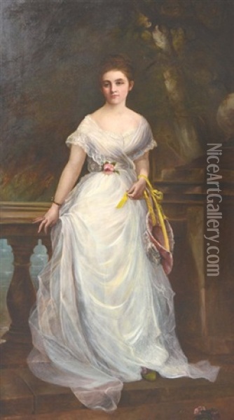 Portrait Of Mary J.j. Shelley (1851-1937) - Full Length In White Silk Dress Standing On A Garden Terrace Oil Painting - Jane Lady Shelley