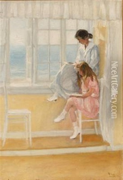Mother And Daughter Reading At The Window Oil Painting - Nana Levison