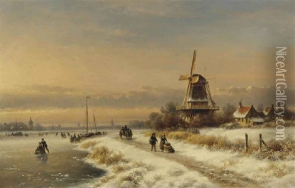 A Winter Landscape With Skaters Near A Windmill Oil Painting - Lodewijk Johannes Kleijn
