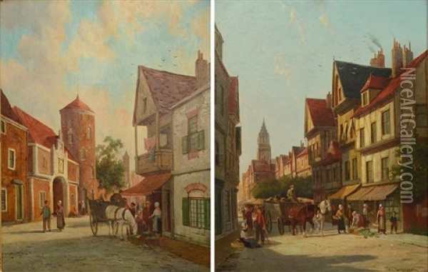The Butter Stall, Bruges' And 'rue De Buc, Rouen' Oil Painting - William Raymond Dommersen