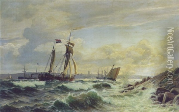 Pa Nordsiden Af Stranden Ved Kronborg. Formiddag Med Stiv Kuling Oil Painting - Christian Blache