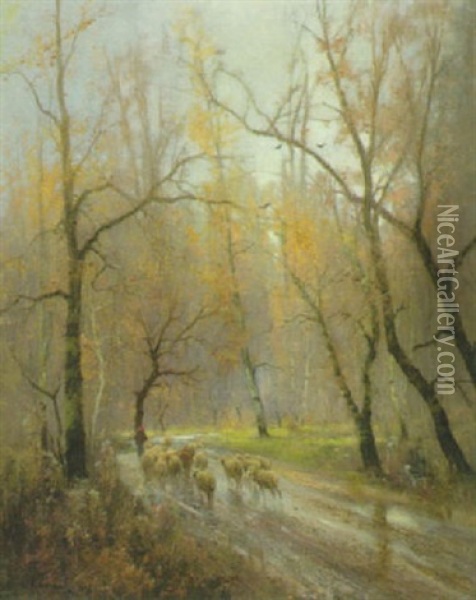 Schaferin Mit Ihrer Herde Im Herbstwald Oil Painting - Adolf Kaufmann