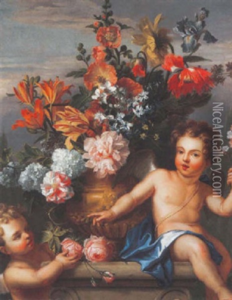 Deux Angelots Entourant Un Bouquet De Fleurs Oil Painting - Jakob Bogdani