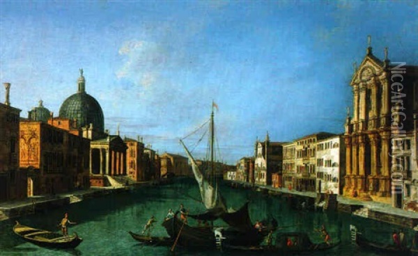 The Grand Canal, Looking South-west From The Chiesa Degli Scalzi To The Fondamenta Della Croce, With San Simeone Piccolo, Venice Oil Painting - Francesco Albotti