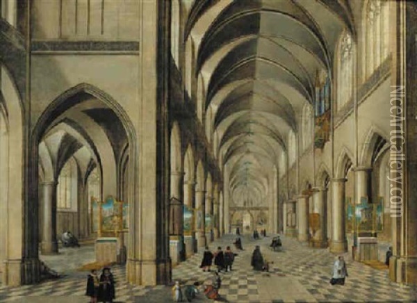 The Interior Of A Gothic Cathedral With Elegant Company And Other Figures Oil Painting - Peeter Neeffs the Elder