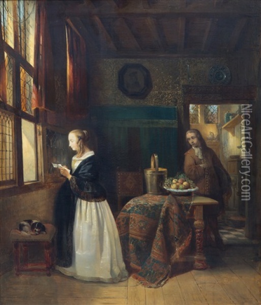 An Interior Scene With A Woman Reading A Letter Oil Painting - Jean Auguste Henri Baron Leys