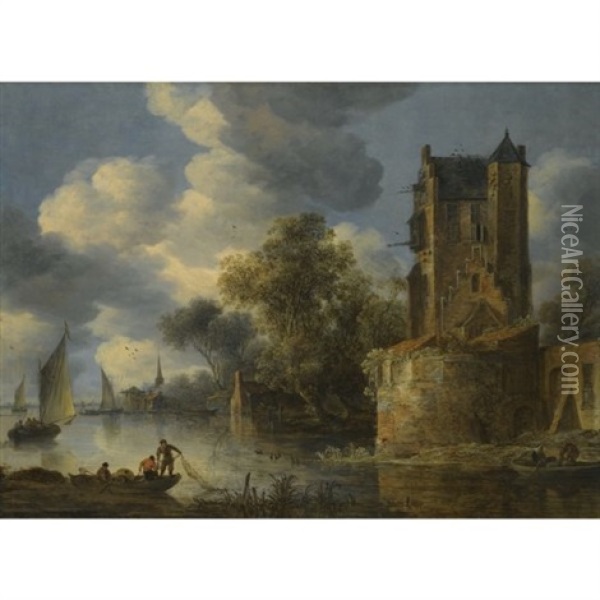 River Landscape With A Bastion Oil Painting - Adriaen Van Der Cabel