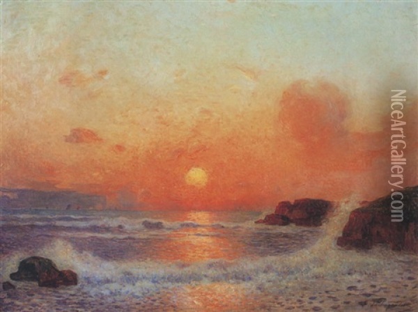 Coucher De Soleil, Pointe Du Croisic Oil Painting - Ferdinand du Puigaudeau