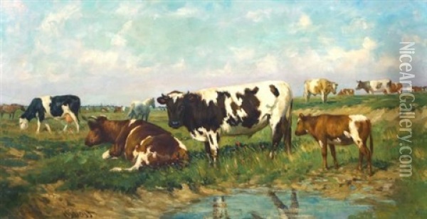 Cows In A Meadow Oil Painting - Hendrik Savry