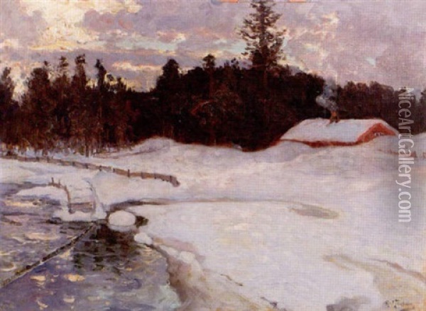 Vinterlandskap Med Vattenrag - Skymning Oil Painting - Anton Genberg
