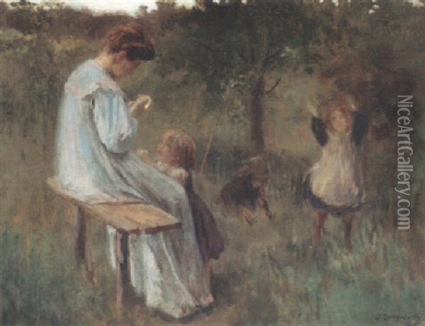 Mutter Mit Spielenden Kindern Oil Painting - Josef Jungwirth