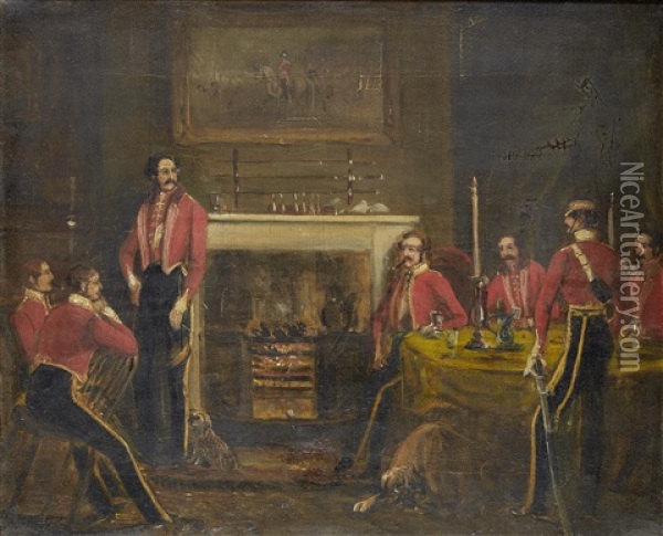 Lieutenant Colonel Arthur Bentinck And The 7th Dragoon Guards In An Interior Oil Painting - John Ferneley Jr.