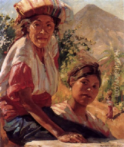 Two Women In A South American Landscape (guatemala?) Oil Painting - Kurt Leyde