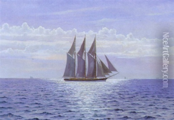 Marine Med Sejlskibe Oil Painting - Emanuel A. Petersen