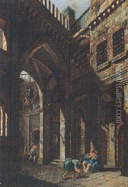 An Interior Of A Prison With A Guard Shackling A King Oil Painting - Giovanni Migliara