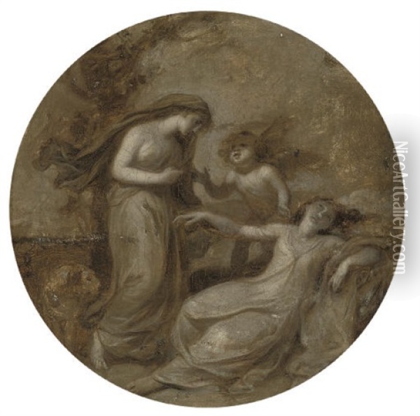 Love Conquering Prudence, En Grisaille, In A Feigned Roundel Oil Painting - Angelika Kauffmann
